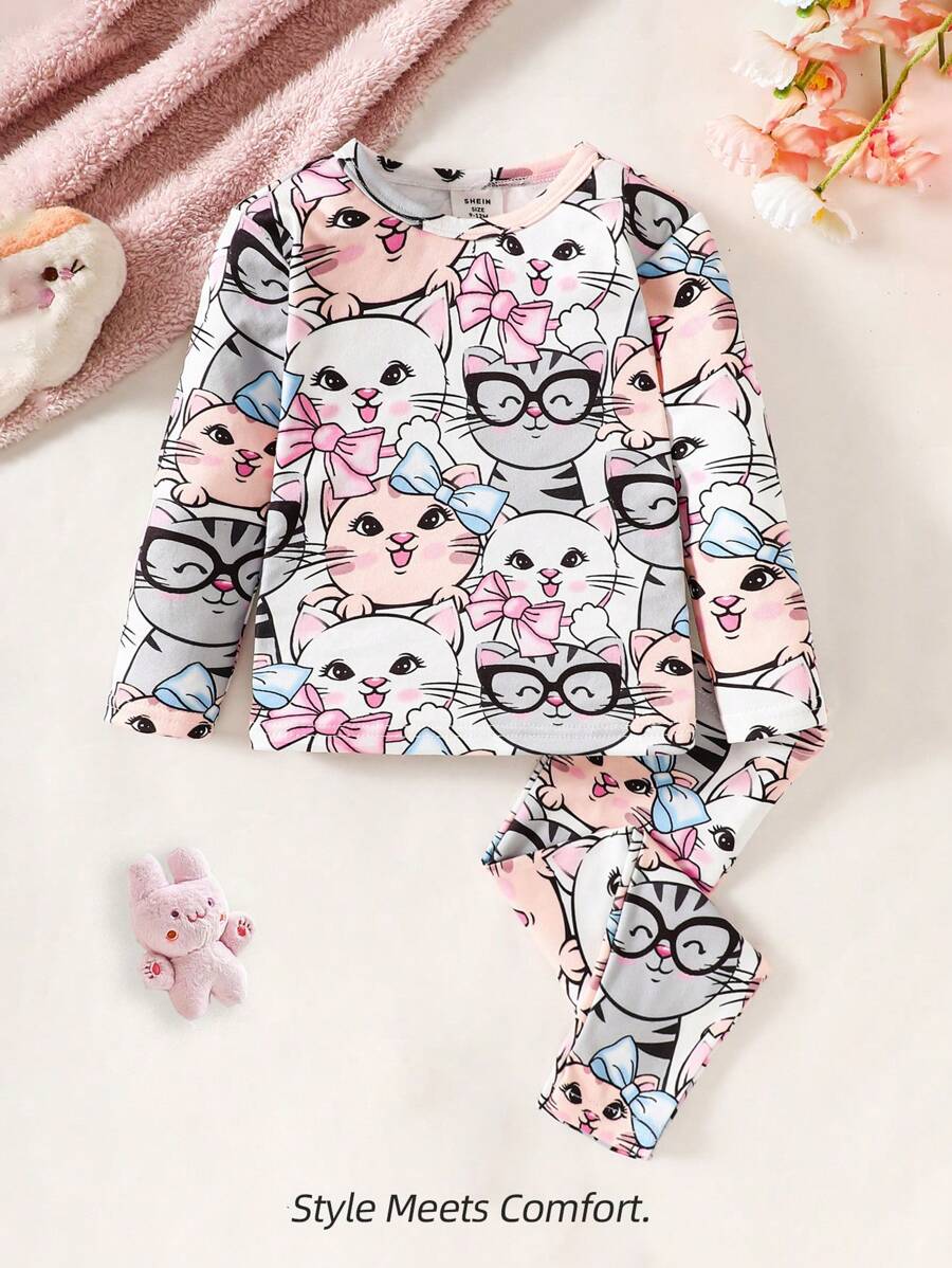 SHEIN 2pcs Baby Girl Cute Bow Kitty Print Long Sleeve Pajama Set, Soft & Comfy Home Sleepwear For Fall & Winter, For Christmas