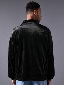 Manfinity VCAY 男士时尚日常休闲奢华黑色天鹅绒宽松长袖前开衫，适合秋冬 - 黑色 - 查看 2