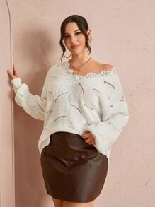 SHEIN Unity Plus Size Women's V-Neck Long Sleeve Contrast Lace Pullover Sweater, Autumn/Winter Knit Pullover Fall - White - View 1