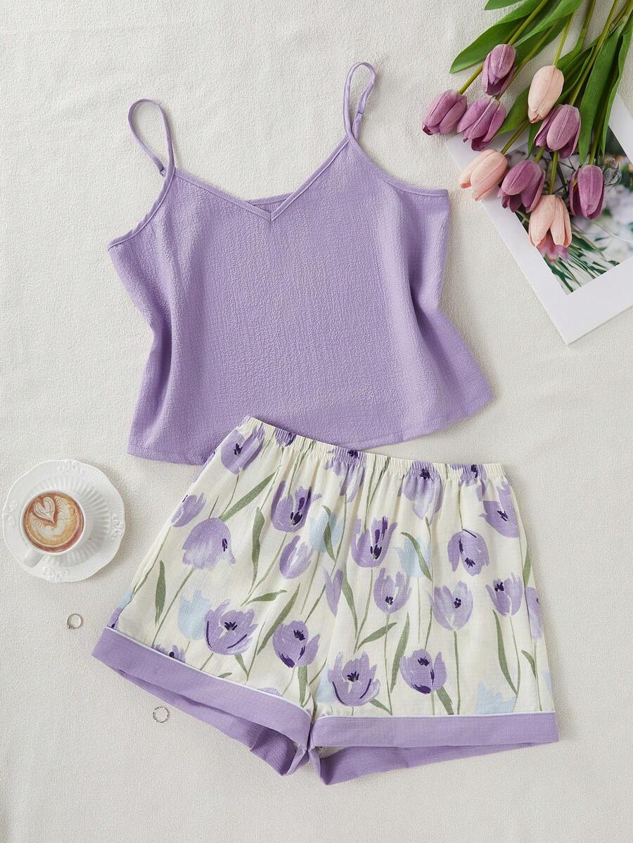 CottageSlumber 2pcs Set Solid Color Chiffon V-Neck Camisole Sleepwear & Floral Print Shorts Pajama Set - Purple - View 1