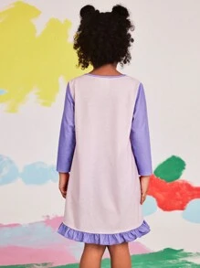 Nick 90s | SHEIN Young Girls Rugrats Cartoon Cute Little Girl Print Pink Purple Colorblock Contrast Color Processing Ruffle Hem Nightgown,Autumn/Winter - Mauve Purple - View 4