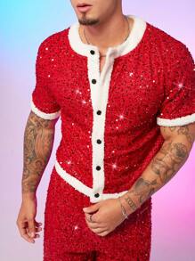 FeverCity Camicia uomo di moda con applicazioni di paillettes, decorativa, a maniche corte, per il Natale