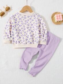 Cozy Pixies 2pcs Baby Girl Plant & Floral Print Crew Neck Long Sleeve Top And Pants Set, Fall Clothes - Mauve Purple - View 2