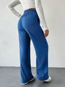 EURMUSE Women Casual Drawstring Waist Wide Leg Design Pants - Blue - View 2