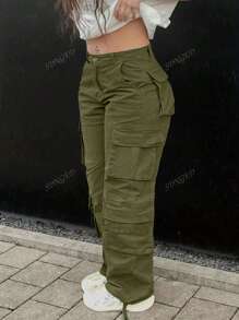 Plus Size Solid Color Button Casual Multi-Pocket Cargo Pants