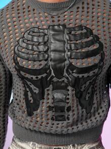 FeverCity Pull-shirt à manches longues pour hommes avec imprimé squelette transparent Y2K, col rond, motif graphique d'os, pour l'automne et l'hiver