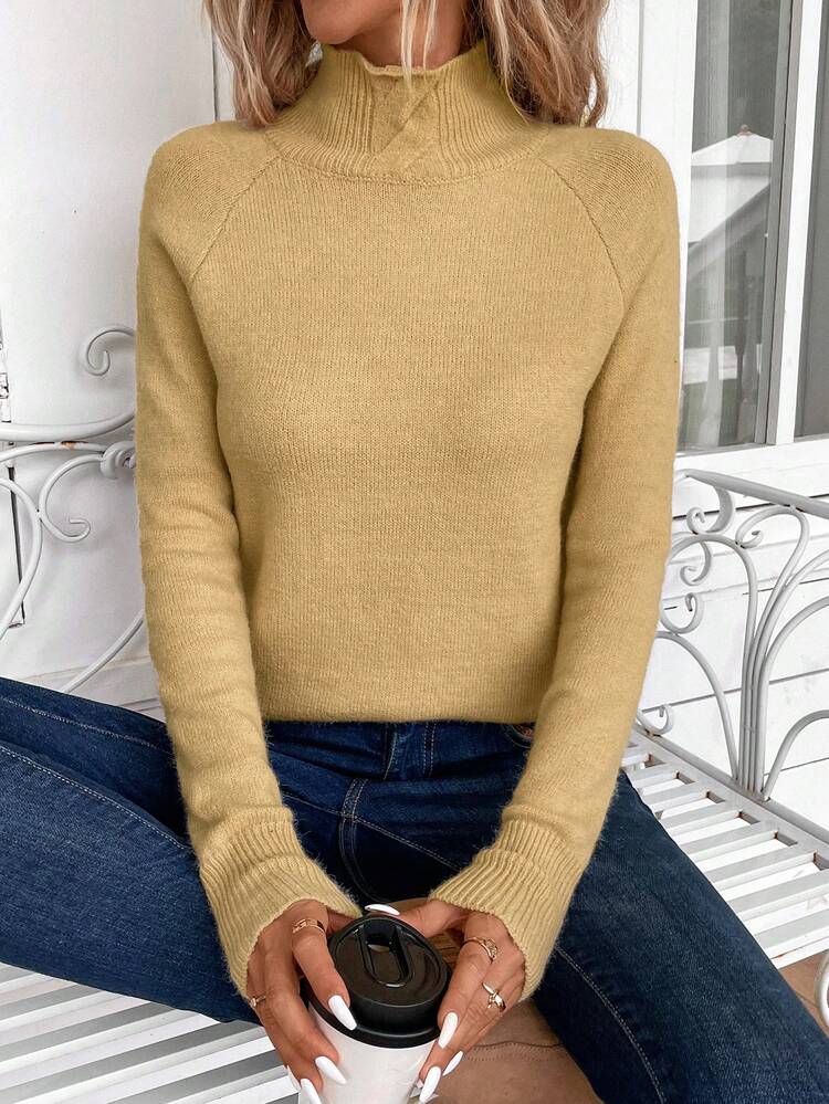 Women's Solid Color Stand Collar Long Sleeve Casual Sweater, Autumn/Winter