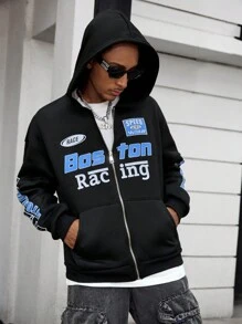 PAVTROS Men's Letter Print Zip-Up Hooded Casual Sweatshirt, Autumn/Winter,Fall Men Clothes,Casual Thermal Zip Up Hooded Sweatshirt - Black - View 3