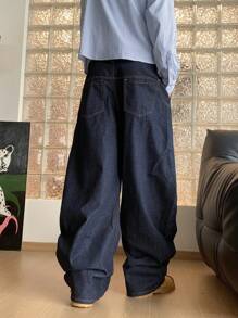 Manfinity Roghcode 男士深蓝色水洗宽松筒状牛仔裤，宽松水洗牛仔裤，送给丈夫、男友的礼物 - 深色水洗藍 - 查看 2