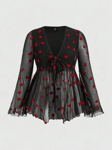 SHEIN MOD Plus Size Christmas Black Cute Flocked Red Heart Ribbed Ruffle Trim Open Front Flare Sleeve Mesh Sheer Blouse - Black - View 1