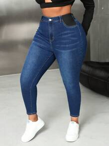 SHEIN PETITE CURVE 加大码女款海军蓝弹力紧身牛仔裤 夏季度假女装 90 年代春季女装 Y2K 女牛仔装 狂欢春假 外出街头服饰 2000 年代风格音乐会 拉斯维加斯老钱之夜 女装狂欢节 复活节女装 女装生日 - 藍色 - 查看 5