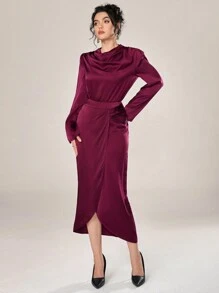 Modelyn 勃艮第红色 2 件女式纯色围脖领衬衫和迷你裙优雅套装，春秋两件套 - 酒紅色 - 查看 4