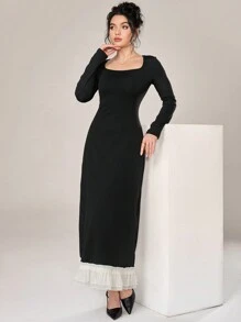 Modelyn Women's Solid Square Neck Elegant Long Sleeve Dress