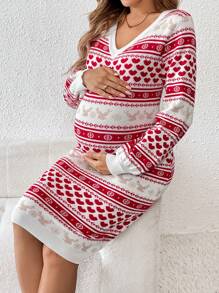 SHEIN 孕妇心形图案 V 领长袖优雅毛衣连衣裙，秋冬 - 紅色 - 查看 3