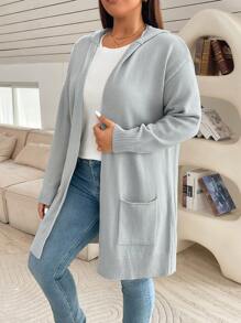 SHEIN Essnce Áo khoác cardigan dài màu xám có mũ trùm đầu cỡ lớn dành cho nữ có túi, giản dị và thời trang - Xám - Xem 4