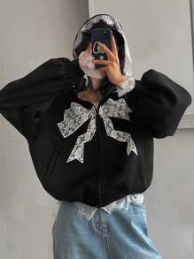 DAZY Women's Loose Lace Butterfly Print Thermal Lined Thick Sweatshirt