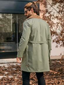 Manfinity Mode Men's Autumn Winter Color Block Fluffy Collar Double-Breasted Casual Trench Coat,Boyfriend Gift, Green Trench Coat,Versatile Items For Old Money - Green - View 2