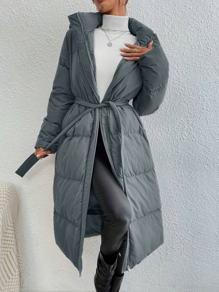 SHEIN Frenchy Áo khoác dài có mũ trùm đầu, thắt lưng, đệm dày màu trơn cho mùa thu/đông - Xám - Xem 1