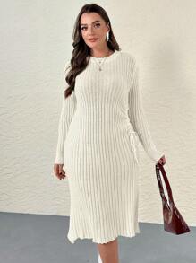SHEIN Privé Plus Size Women's Solid Color Round Neck Long Sleeve Drawstring Casual Sweater Dress - Apricot - View 6