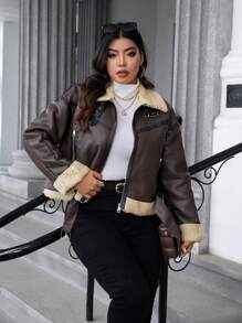 Calvaya Jaqueta curta casual plus size para motocicleta com forro térmico, para outono e inverno - Castanho Café - Ver 6