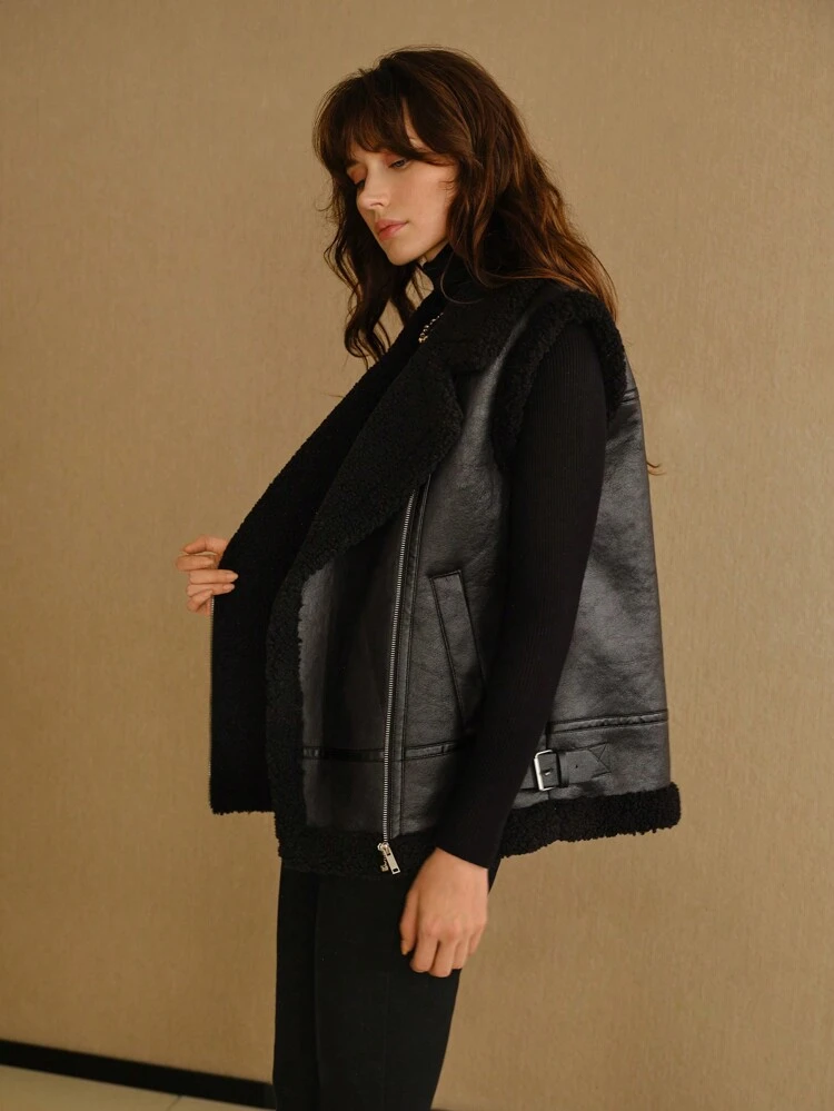 MOTF STUDIO PU LEATHER LAPEL COLLAR ZIP PLACKET TEDDY LINE VEST JACKET