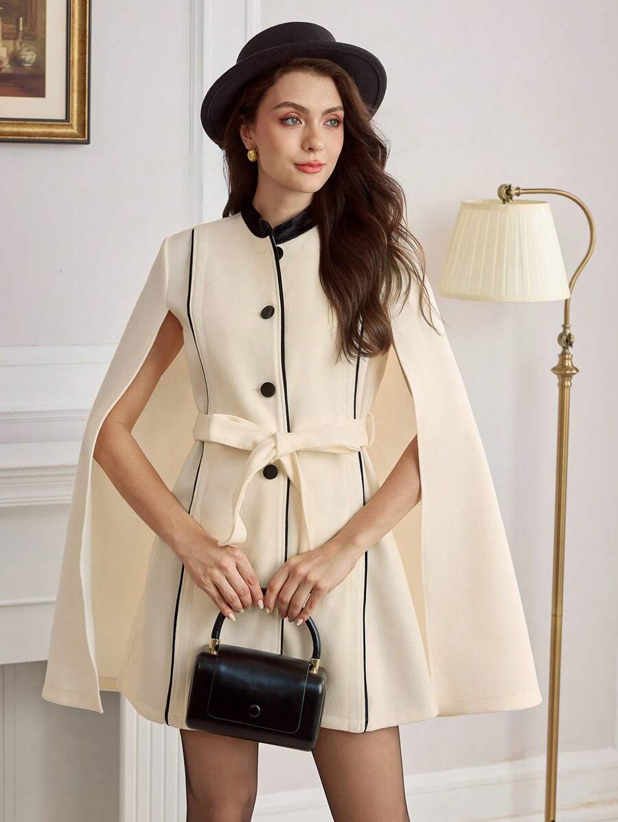 Vintamour Vintage Elegant Women Woolen Coat Cape Cloak, Small Stand Collar, Velvet Patchwork Contrast Color Button Tie Waist Belt, Casual Commute Holiday Jacket, Autumn Winter Thanksgiving Women Outfit Fall Clothes Thanksgiving Outfit Homecoming Dress Short Winter Women Dress Christmas Women Clothes Concert Women Outfit Winter Women Sets Outfit Sets Women Fall Sets Women Outfit Sets Winter Women Jacket Fall Women Outfits - White - View 1