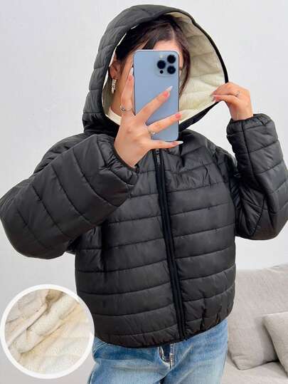 SHEIN Teen Girls' Basic Black Quilted Padded Short Hooded Jacket With Thermal Lined, Warm For Winter