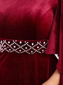 Modelyn Burgundy Red Plus Size Women's Spring & Autumn Elegant Dress With Pearl Decor & Ruffle Sleeves Long Evening Dresses - Burgundy - View 6