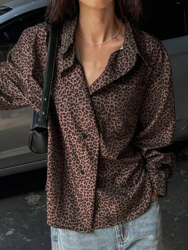 Women Loose Leopard Print Streetwear Shirt, Brown, Spring/Summer/Autumn Y2k,Back To School Clothes,Fall Women Clothes Long Sleeve Top