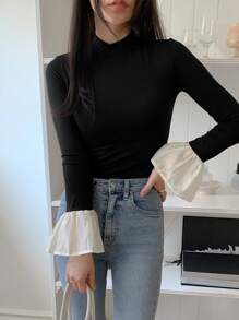 DAZY Damen Stehkragen Figurbetontes Langarm T-Shirt mit Rüschen-Manschetten, Herbst Damenbekleidung