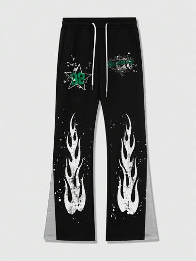 Street Life بنطال رياضي واسع بطباعة لهب، سروال تمييز لون بندول خصر ملون