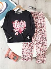 Set de 2 piezas Conjunto informal de niña preadolescente con estampado de corazones en blusa de manga larga y pantalones sueltos con estampado de leopardo para usar en casa en otoño - Multicolor - Ver 1