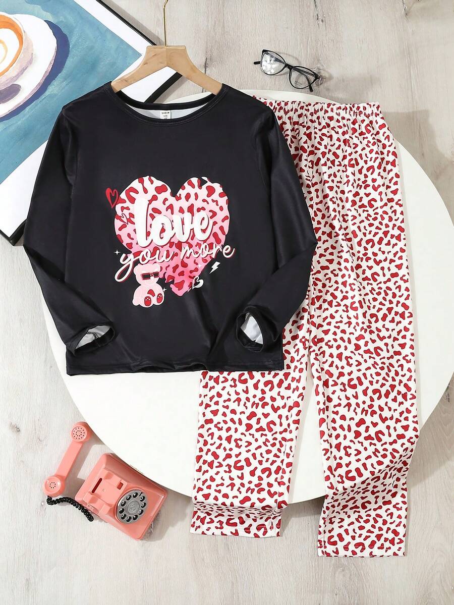 Set de 2 piezas Conjunto informal de niña preadolescente con estampado de corazones en blusa de manga larga y pantalones sueltos con estampado de leopardo para usar en casa en otoño - Multicolor - Ver 1