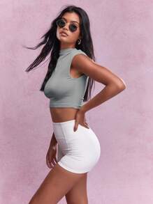 MISSGUIDED Jersey Polo Neck Cap Sleeves Fitted Crop Top - Grey - View 5