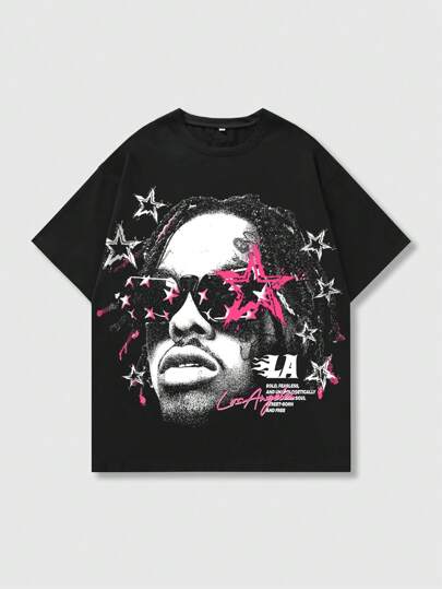 Street Life Men's Casual Slogan & Figure Graphic Crew Neck Short Sleeve T-Shirt, Summer, 2000s Style