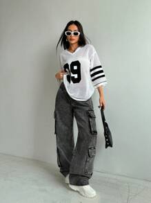 SHEIN EZwear Dames Casual Losse Lage Taille Wijde Pijpen Jeans Met Zakken, Zwart