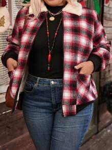 Chaqueta informal de manga larga con cuello esponjoso, efecto de bloque de color a cuadros, para mujer de talla grande, ideal para otoño e invierno - Rojo - Ver 5