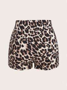 SHEIN EZwear 女士方领和方领短款上衣和全长紧身裤套装，时尚豹纹针织连体裤 - 卡其色 - 查看 7
