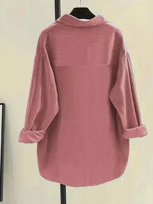 女士前扣长袖假口袋休闲衬衫 粉色 春季 - 粉色 - 查看 3
