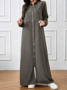 Al Najma Thời trang nữ giản dị thanh lịch quyến rũ dài tay có khóa kéo abaya, giản dị thể thao cổ đứng khóa kéo phía trước abaya cho thường ngày/công sở/trở lại trường học - Màu xám đen - Xem 1