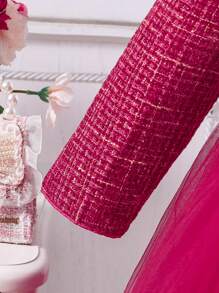 Young Girl Urban Red Tweed Contrast Mesh & Ribbon Accent Decorated Dress - Burgundy - View 6