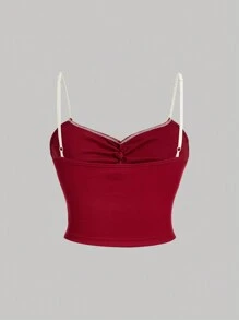 SHEIN MOD Áo thun tay dài họa tiết nơ khối màu đỏ cỡ lớn phong cách lãng mạn cổ điển, áo lót dành cho nữ, mùa thu/đông - Đỏ - Xem 2