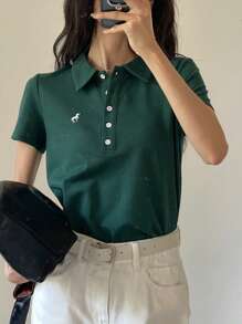 DAZY 女士夏季马匹印花短袖 Polo 领休闲 T 恤 复活节 - 墨綠色 - 查看 3
