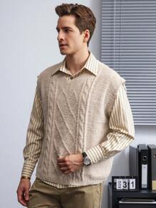 Manfinity Homme V-Ausschnitt ärmellose gestrickte Weste in Unifarbe - Beige - Übersicht 4