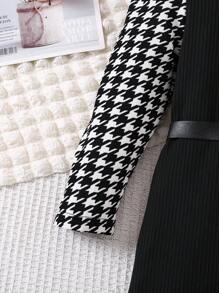 SHEIN Young Girl Houndstooth Print Stand Collar Long Sleeve Dress