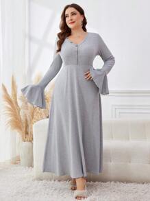 Mulvari Plus Size Women's Solid V-Neck Flare Long Elegant Dress, Spring/Autumn
