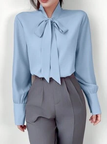 EMERY ROSE 女士春夏纯色系带长袖优雅衬衫 - 淺藍色 - 查看 7