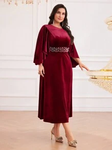 Modelyn Burgundy Red Plus Size Women's Spring & Autumn Elegant Dress With Pearl Decor & Ruffle Sleeves Long Evening Dresses - Burgundy - View 4
