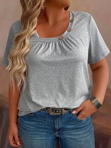 EMERY ROSE Camiseta De Talla Grande Con Botones, Cuello Redondo Y Manga Corta Para Verano Casual