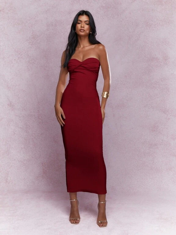 missguided red dress maxi MISSGUIDED Ruched Cutout High Slit Sweetheart Neckline Maxi Dress Christmas MISSGUIDED